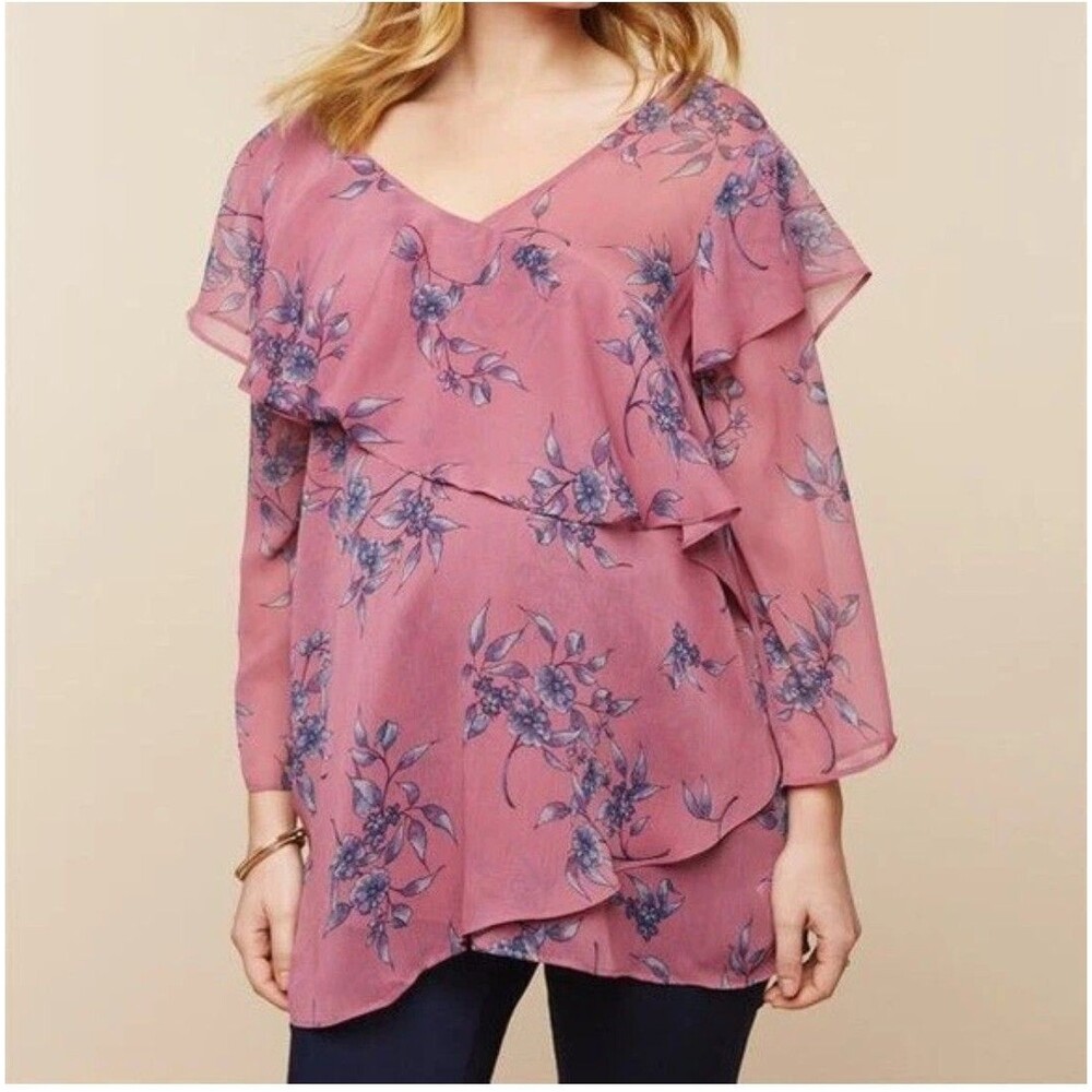 Motherhood Maternity Top Hanky Hem Floral Maternity Tunic Purple/Blue Size Large